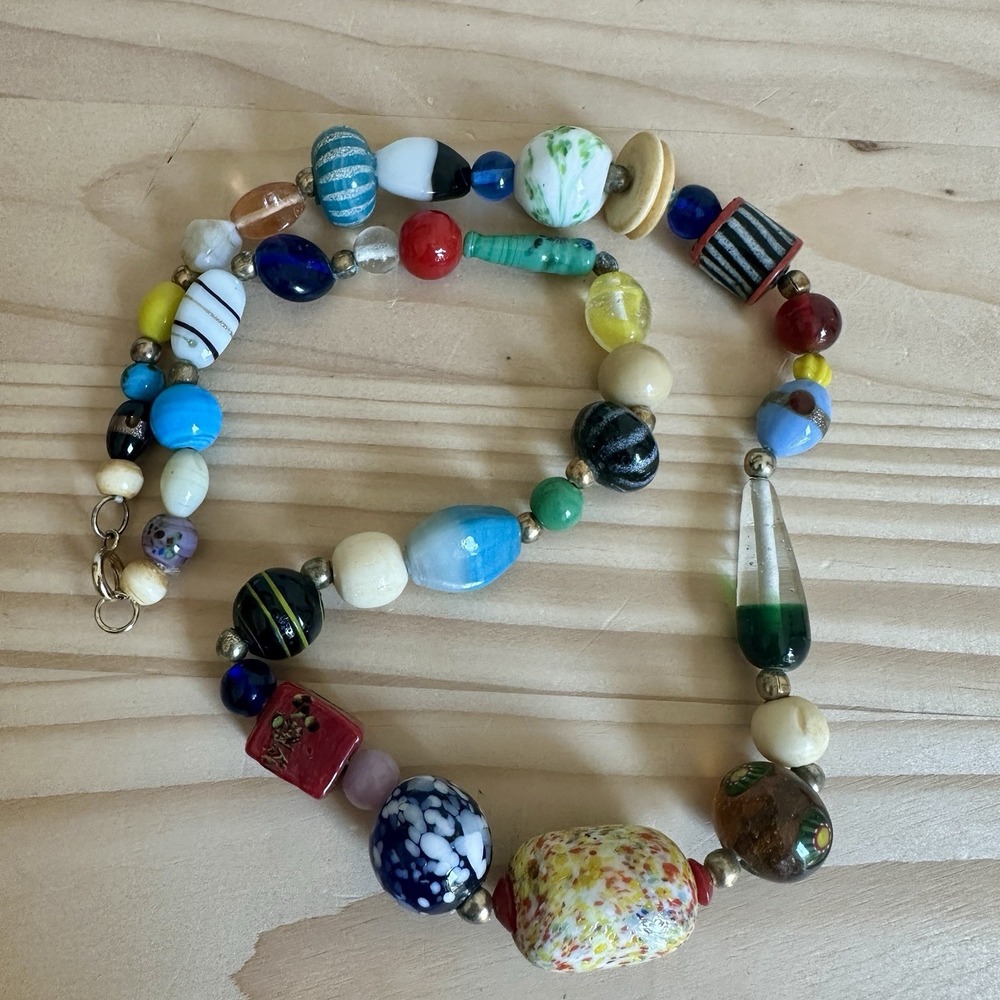 VTG Beaded Necklace 22 Inch Artisan Lamp Art Glass Multicolor Freeform Hippie‎